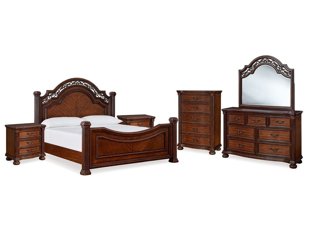 Lavinton King Poster Bed & Dresser & Mirror & Chest & 2 Nightstands, Brown