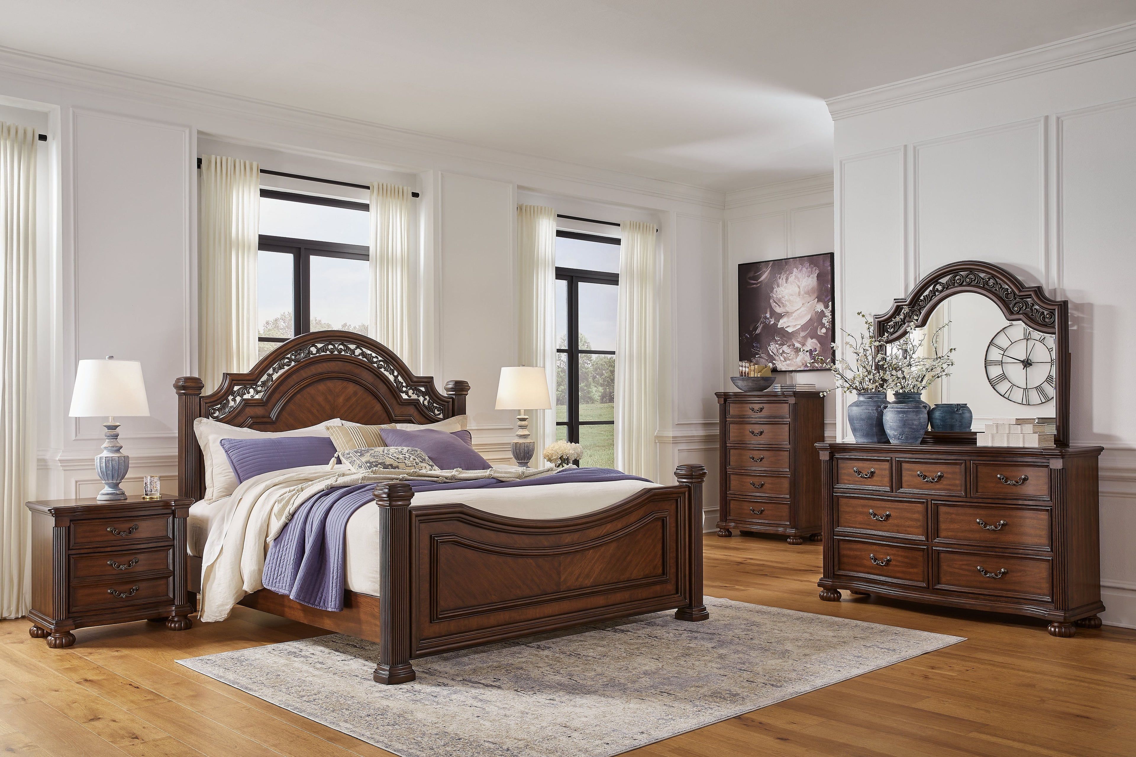 Lavinton King Poster Bed & Dresser & Mirror & Chest & 2 Nightstands, Brown