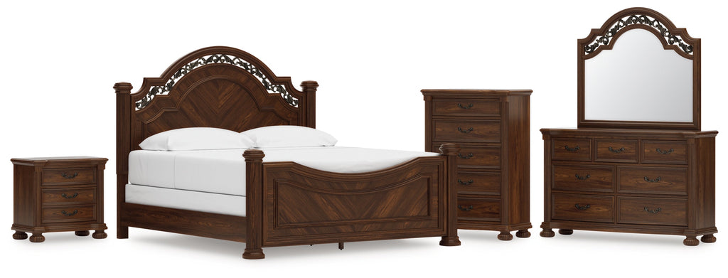 Lavinton King Poster Bed, Dresser, Mirror, Chest and Nightstand, Brown