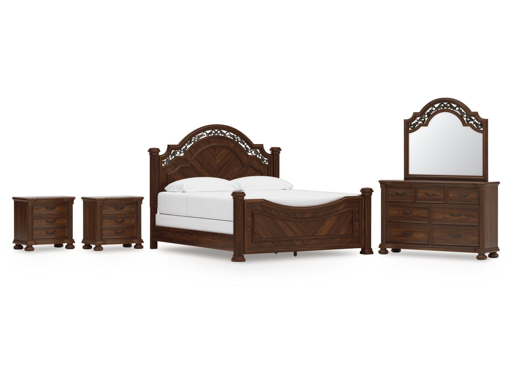 Lavinton King Poster Bed, Dresser, Mirror and 2 Nightstands, Brown