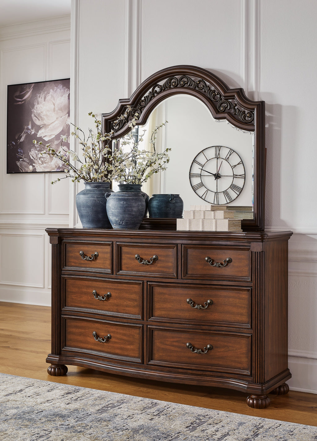 Lavinton King Poster Bed, Dresser, Mirror and 2 Nightstands, Brown