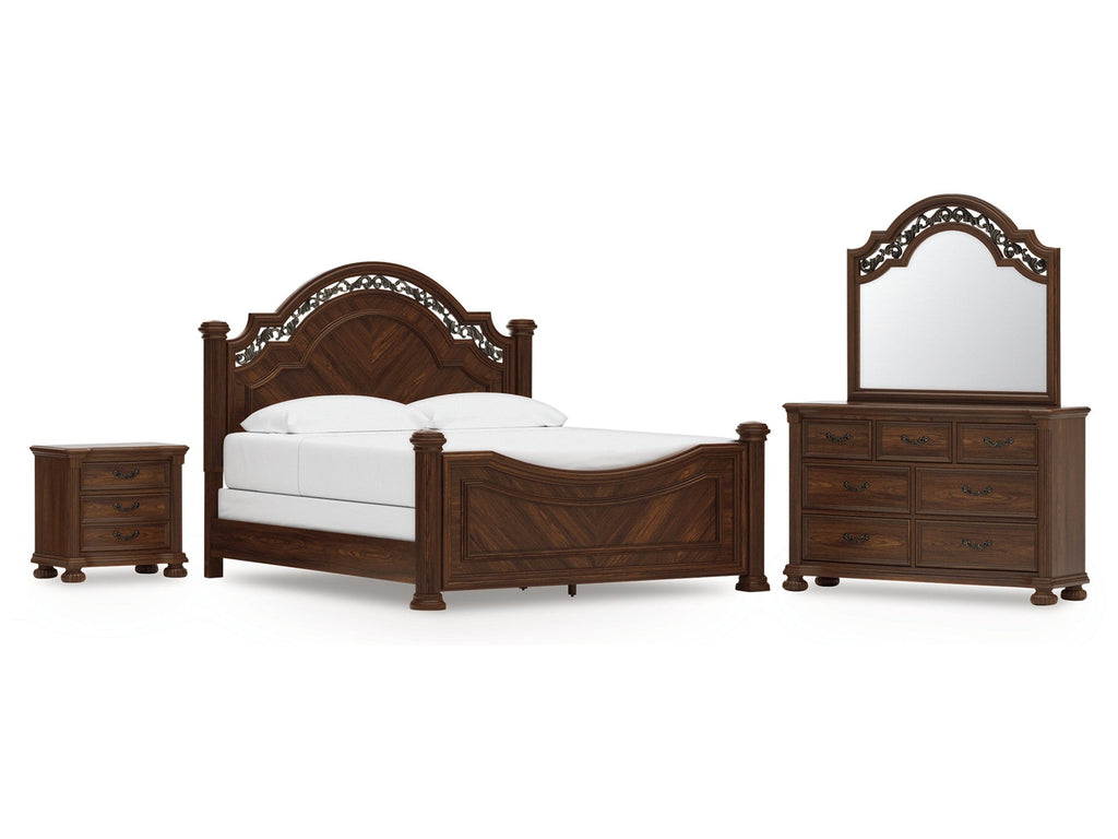 Lavinton King Poster Bed, Dresser, Mirror and Nightstand, Brown