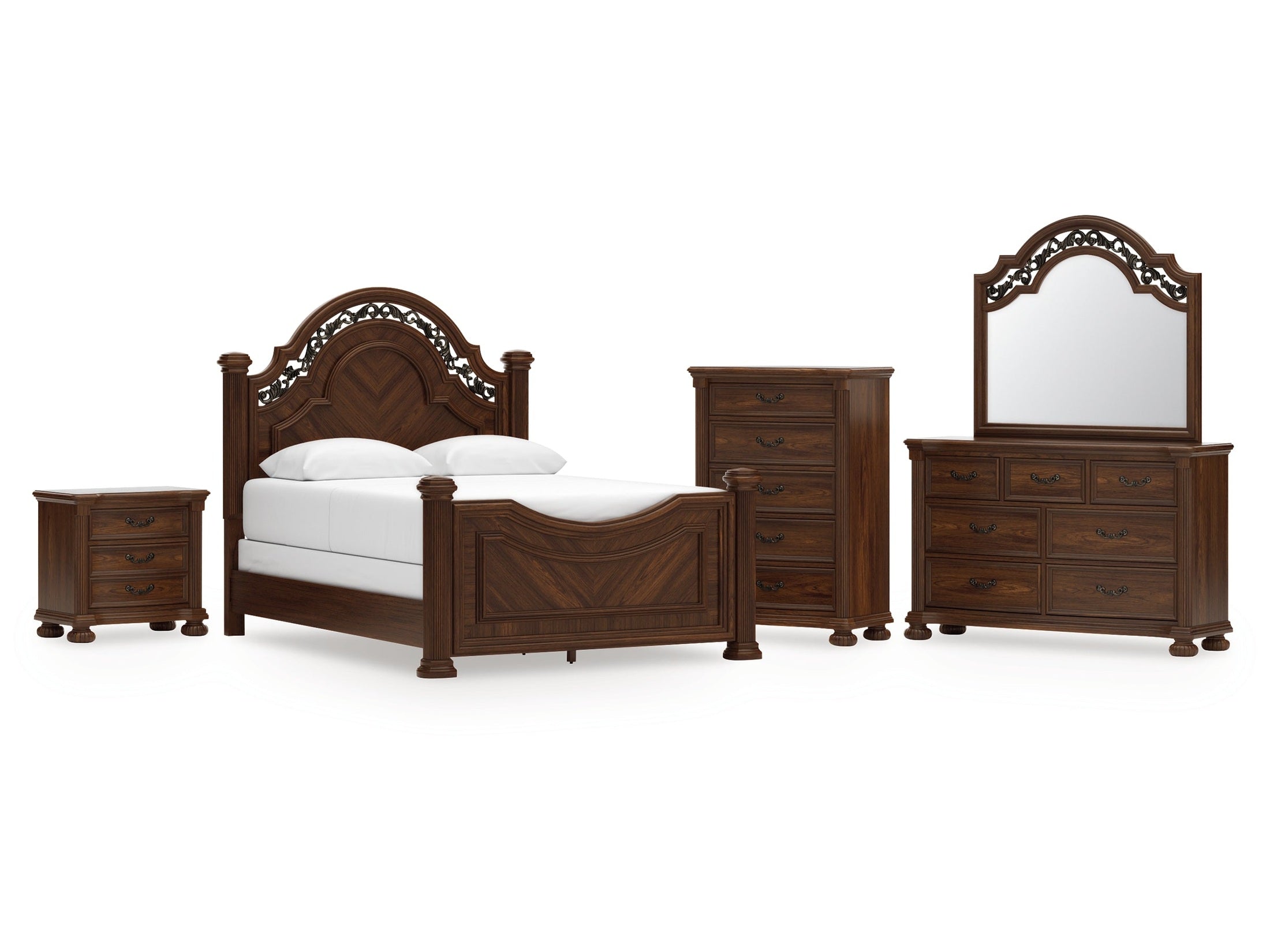 Lavinton Queen Poster Bed, Dresser, Mirror, Chest and Nightstand, Brown