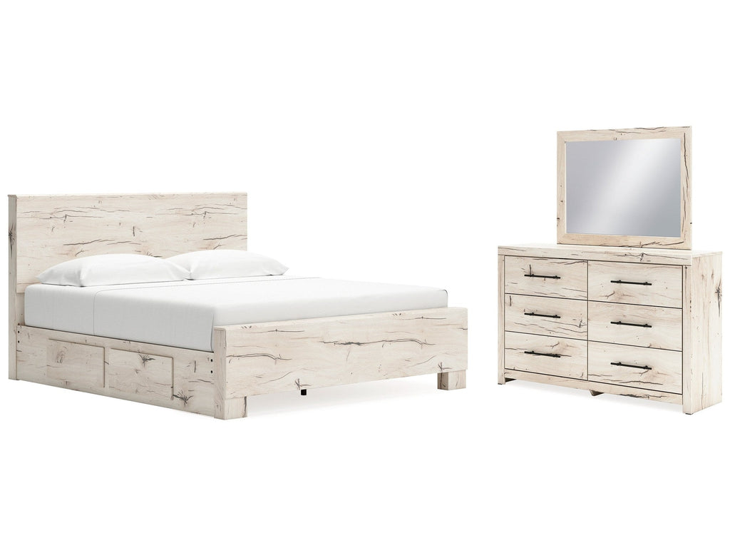 Lawroy Light Natural King Panel Bed w/Storage & Dresser & Mirror