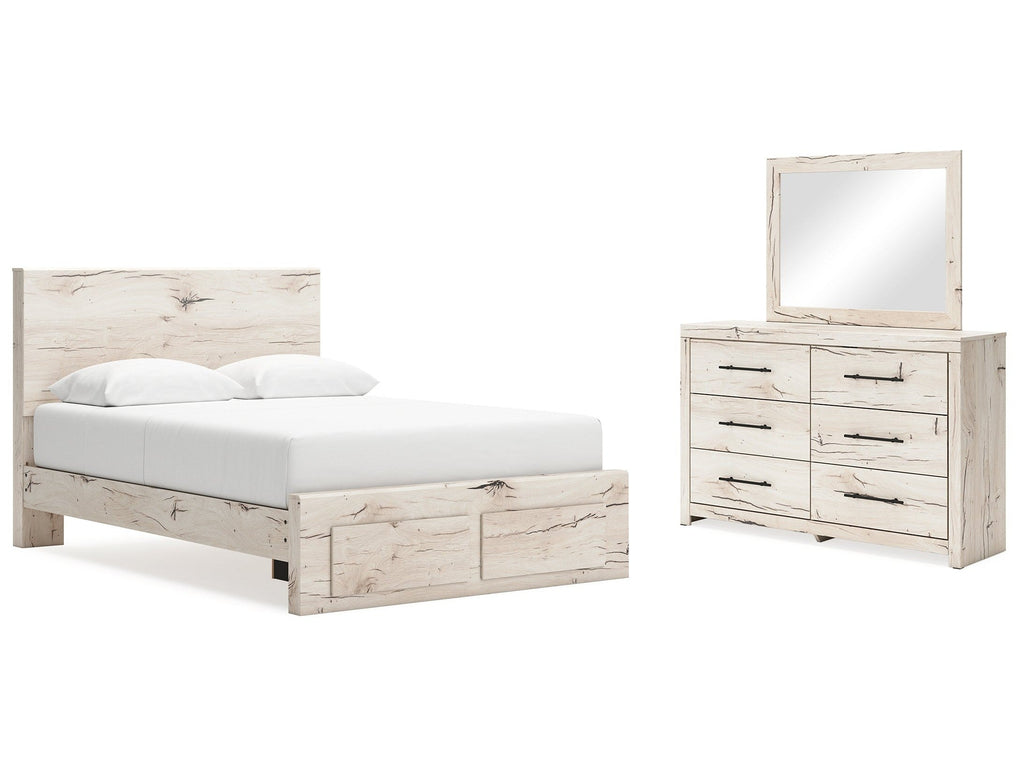 Lawroy Light Queen Panel 2 Footboard Storage Bed & Dresser & Mirror, Natural