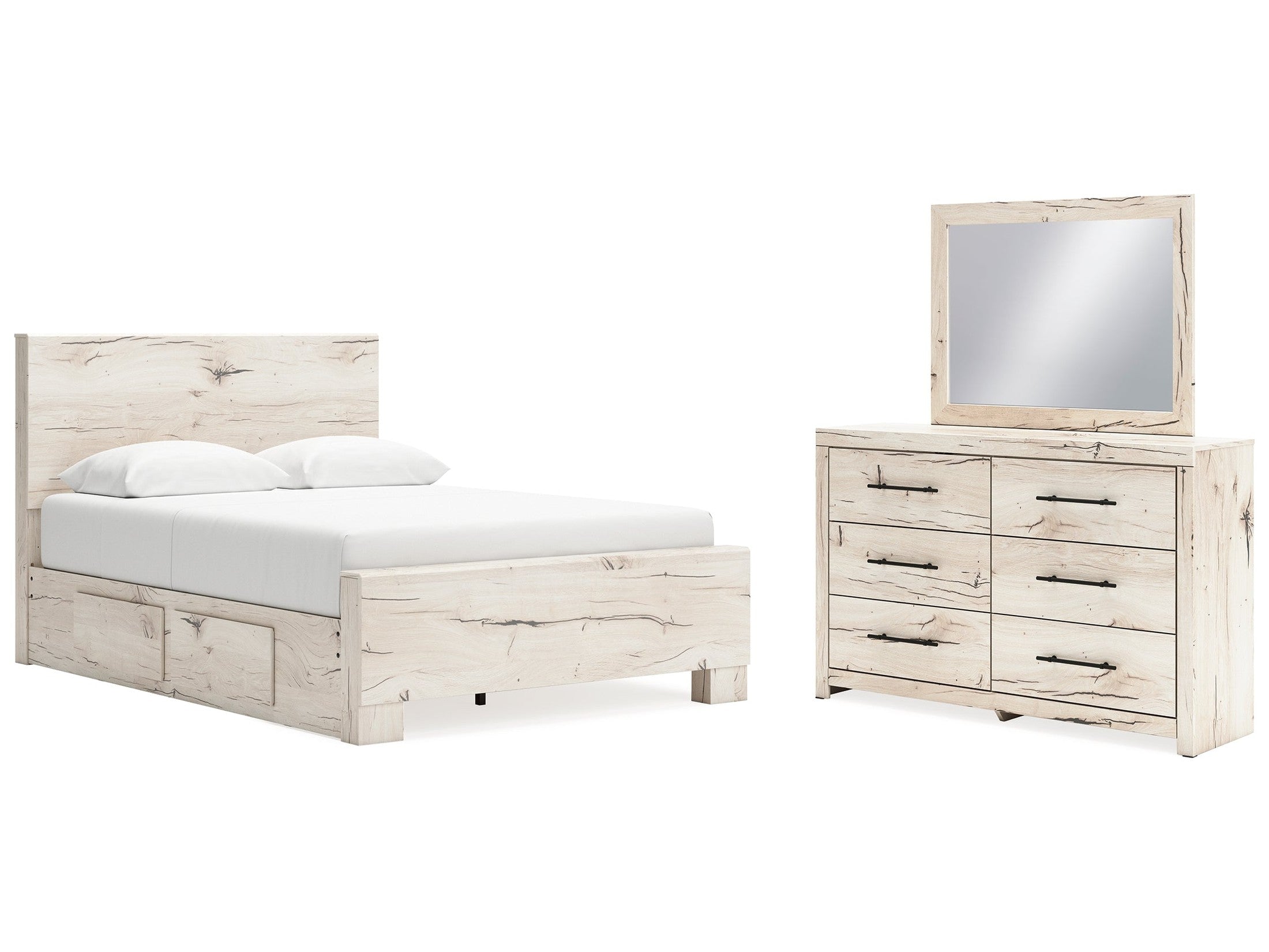 Lawroy Light Natural Queen Panel Bed w/2 Storage & Dresser & Mirror