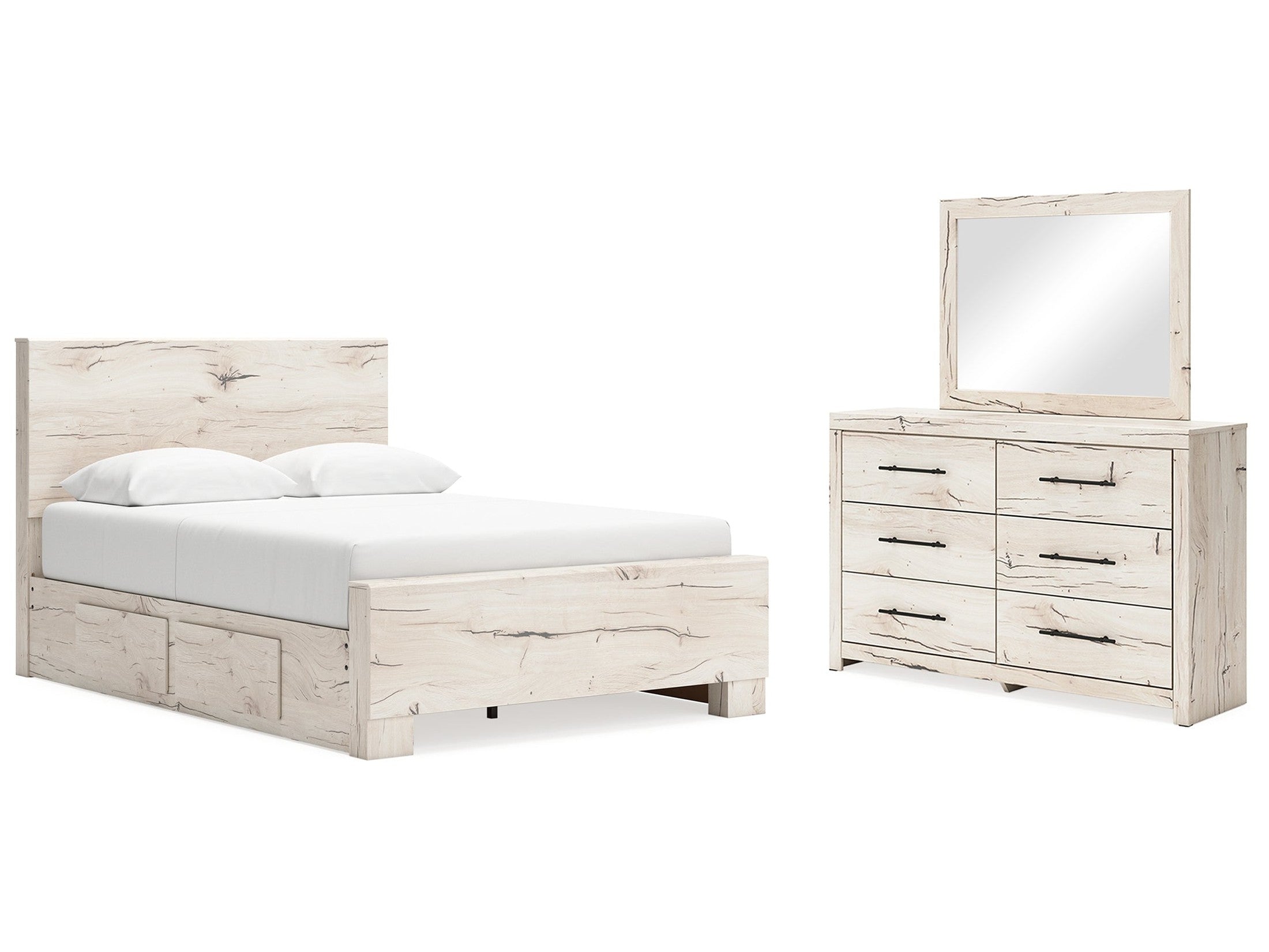 Lawroy Light Natural Queen Panel Bed w/4 Storage & Dresser & Mirror