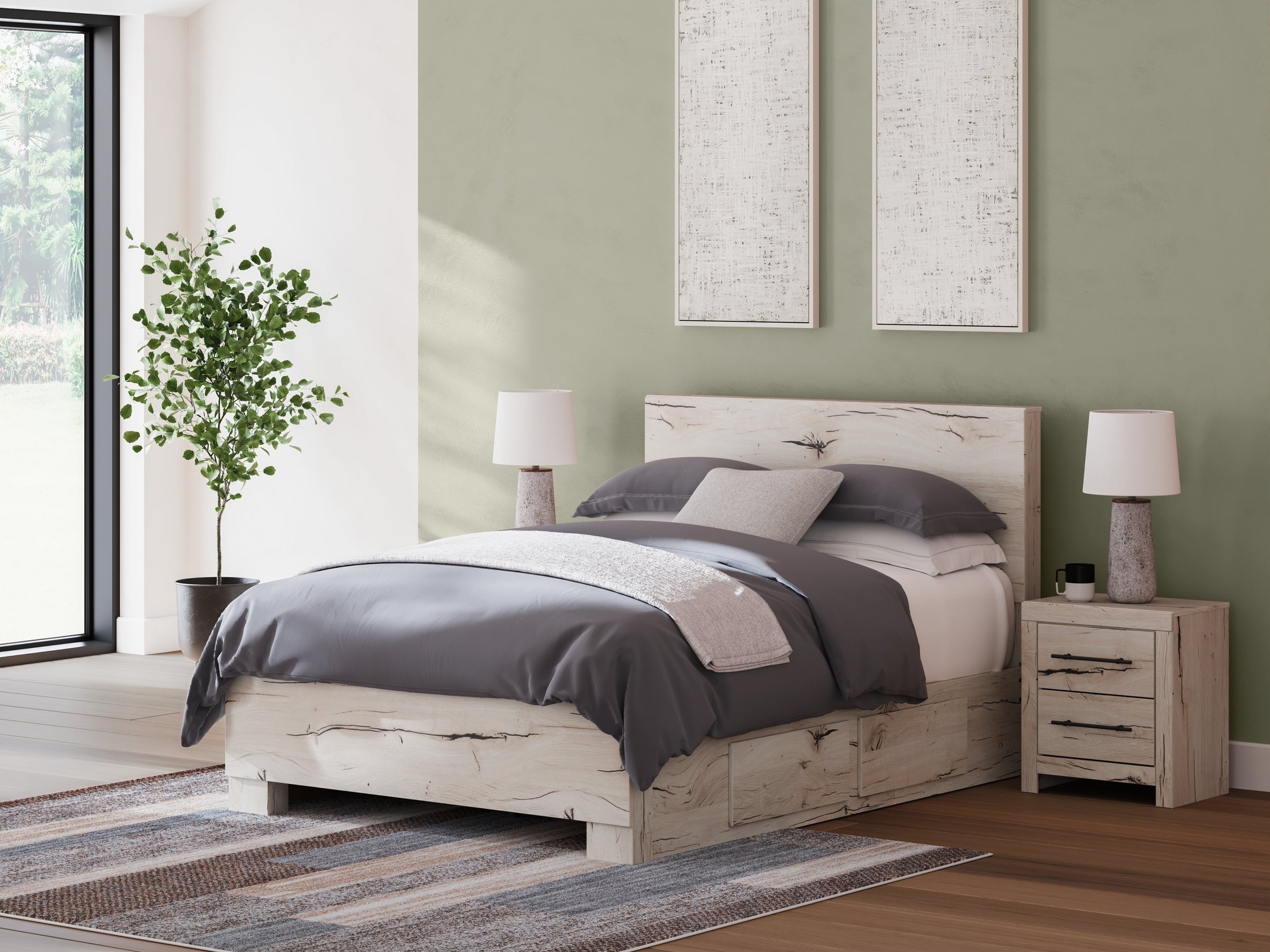Lawroy Light Natural Queen Panel Bed with 4 Storage