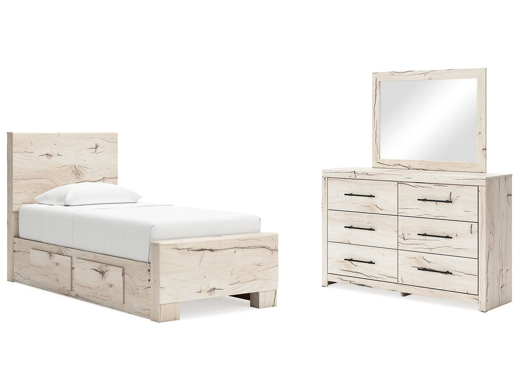 Lawroy Light Natural Twin Panel Bed w/Storage & Dresser & Mirror