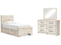 Lawroy Light Natural Twin Panel Bed w/Storage & Dresser & Mirror