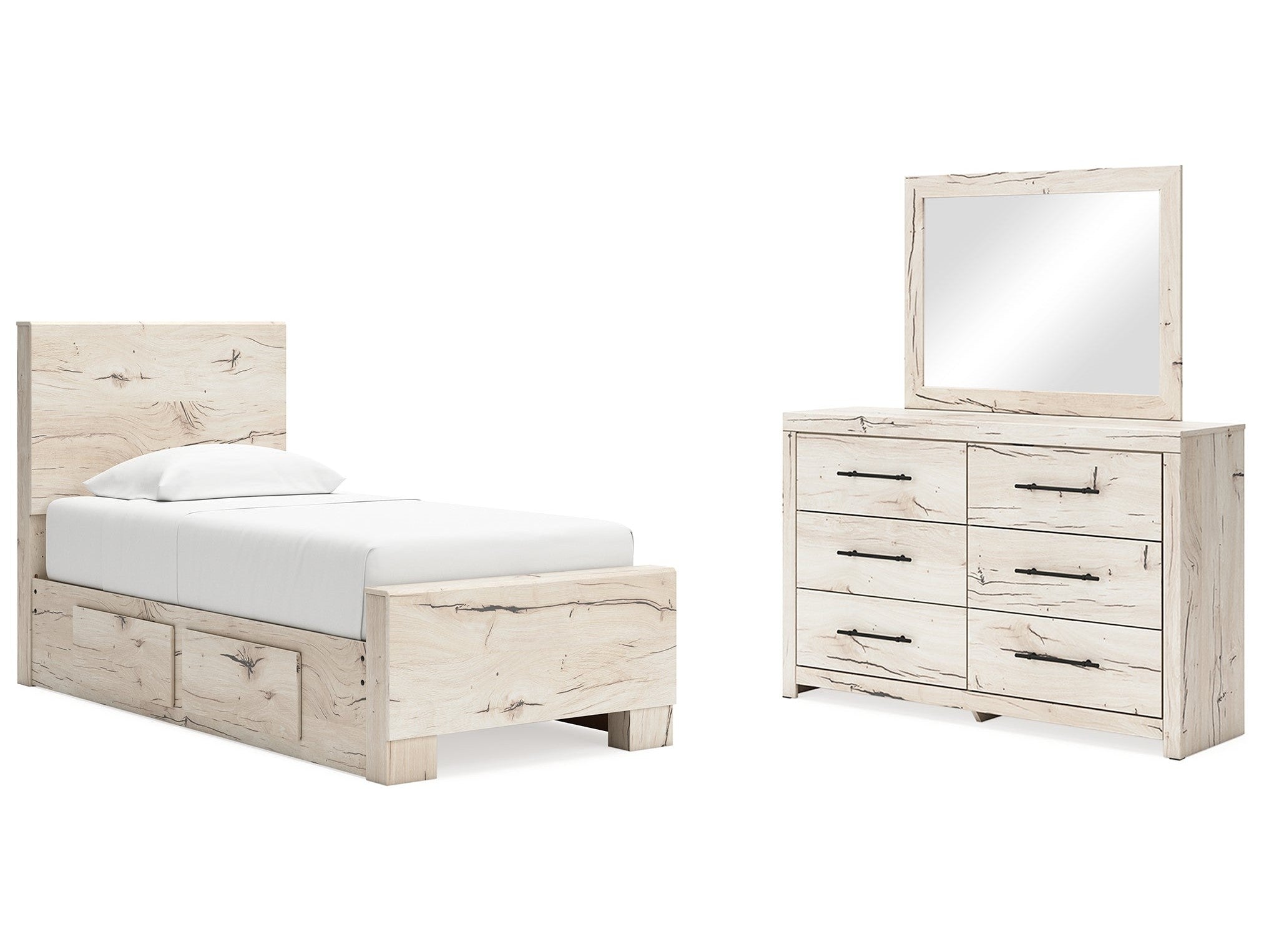 Lawroy Light Natural Twin Panel Bed w/Storage & Dresser & Mirror