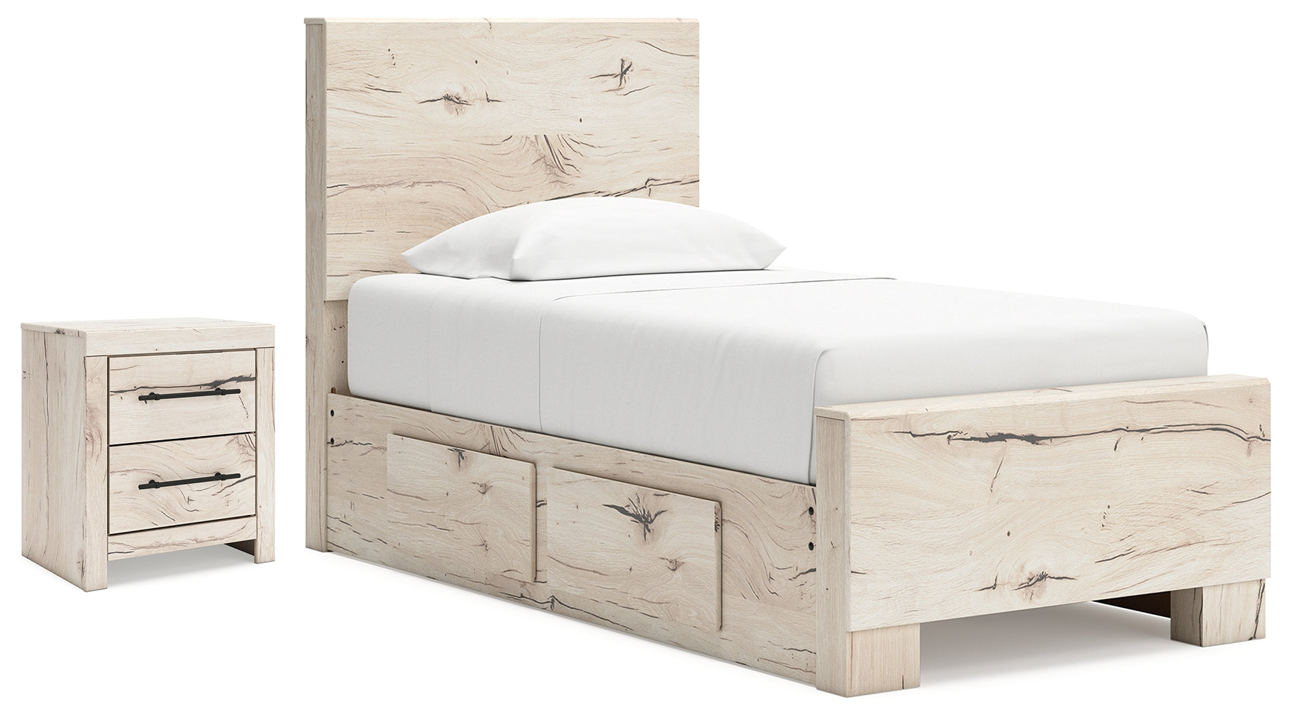 Lawroy Light Natural Twin Panel Bed with Storage and Nightstand
