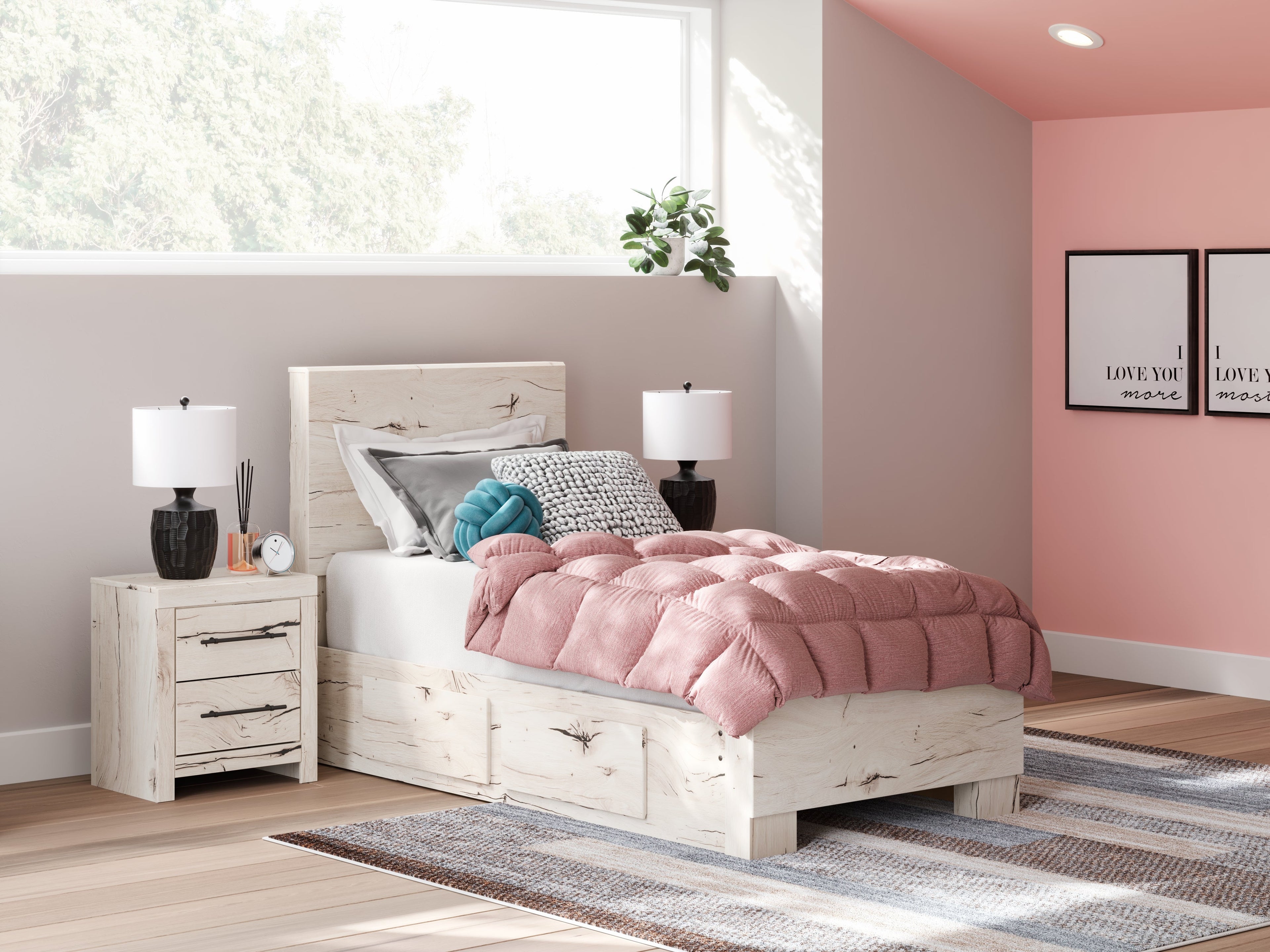 Lawroy Light Natural Twin Panel Bed with Storage and Nightstand