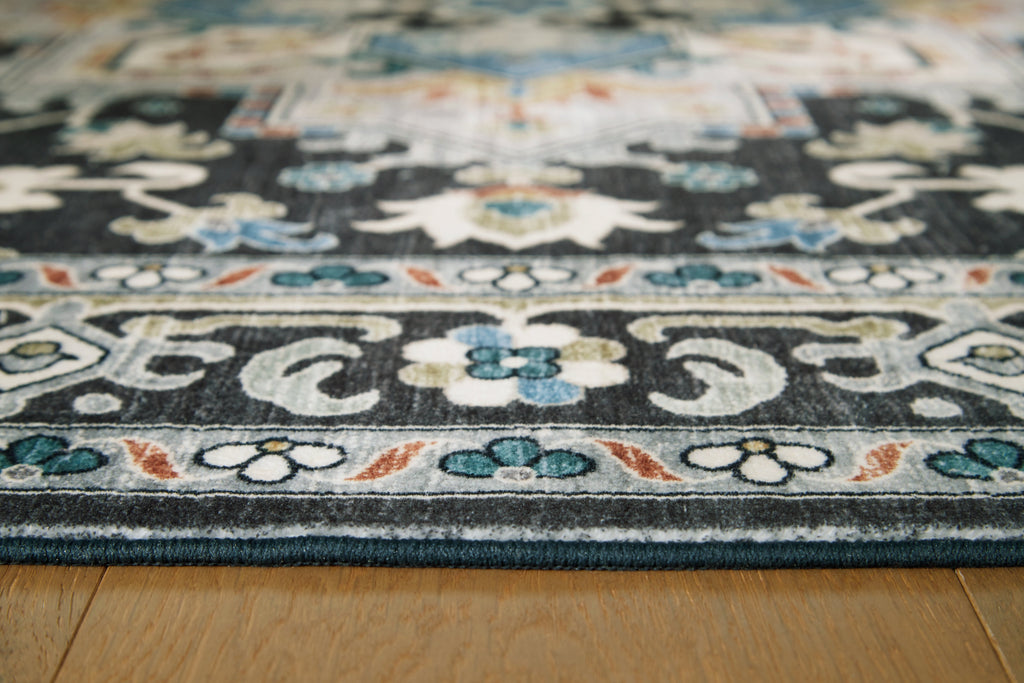 Leningston Black/Cream/Blue 5' x 7' Washable Rug
