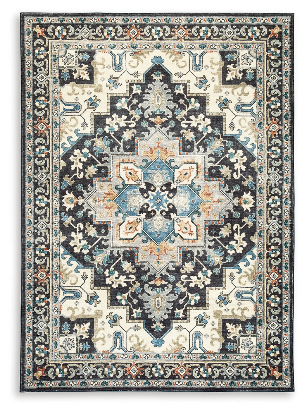 Leningston Black/Cream/Blue 5' x 7' Washable Rug