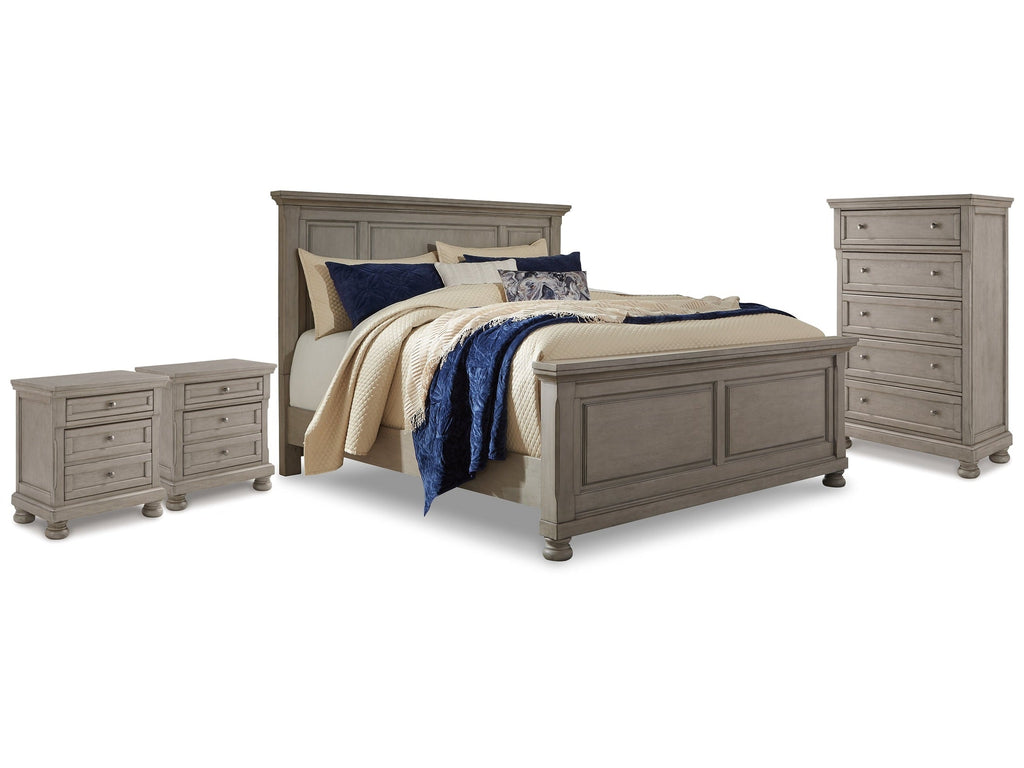 Lettner Light Gray King Panel Bed, Chest and 2 Nightstands