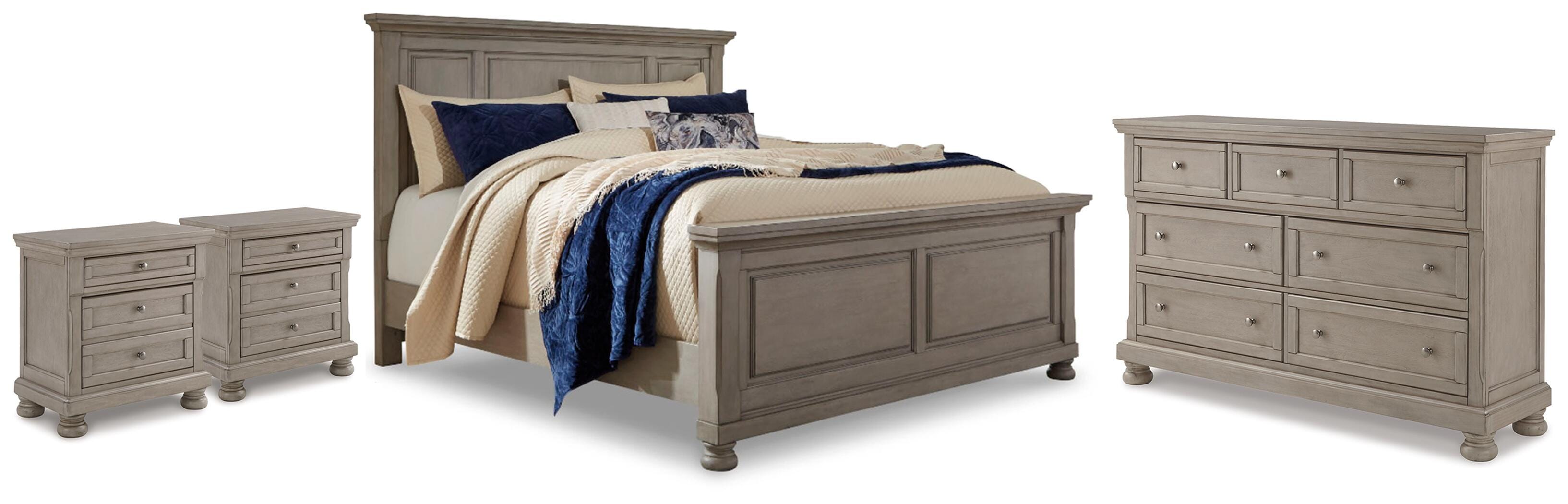 Lettner Light Gray Queen Panel Bed, Dresser and 2 Nightstands