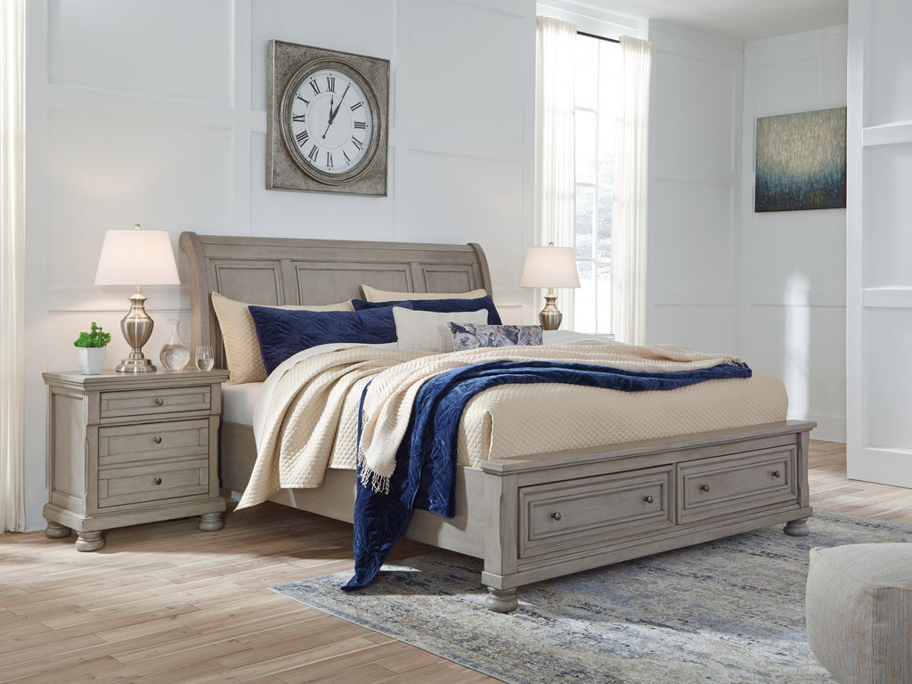 Lettner Light Gray Queen Sleigh Bed with 2 Storage Drawers