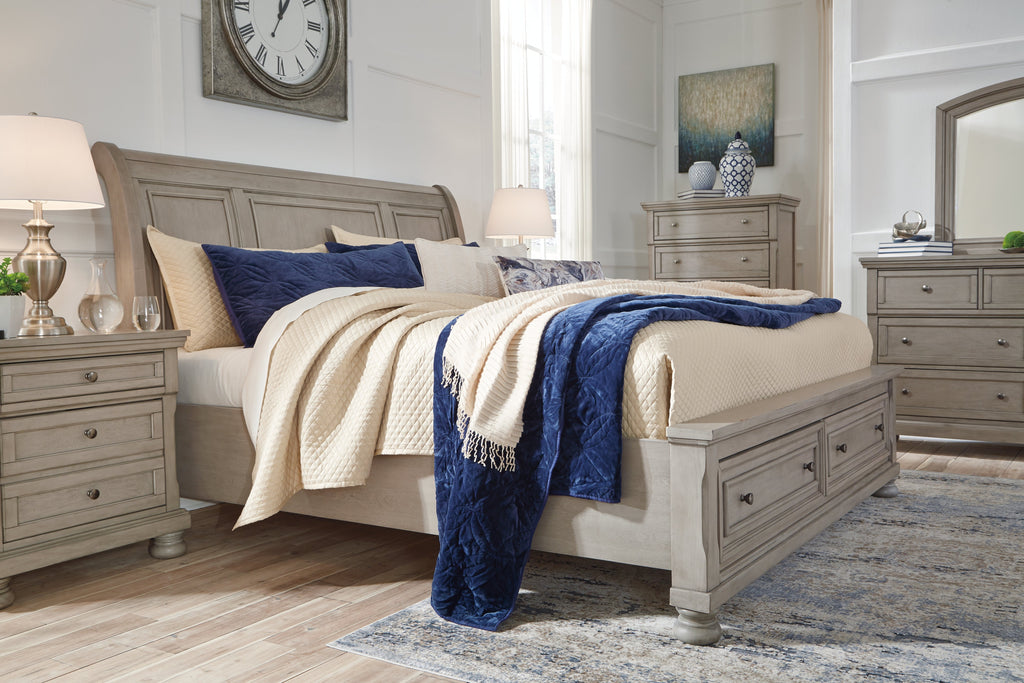 Lettner Light Gray Queen Sleigh Bed with 2 Storage Drawers