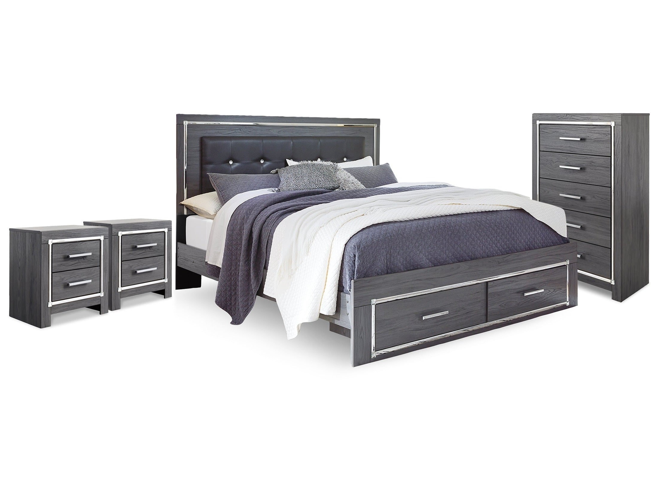 Lodanna Gray King Panel Storage Bed, Chest and 2 Nightstands