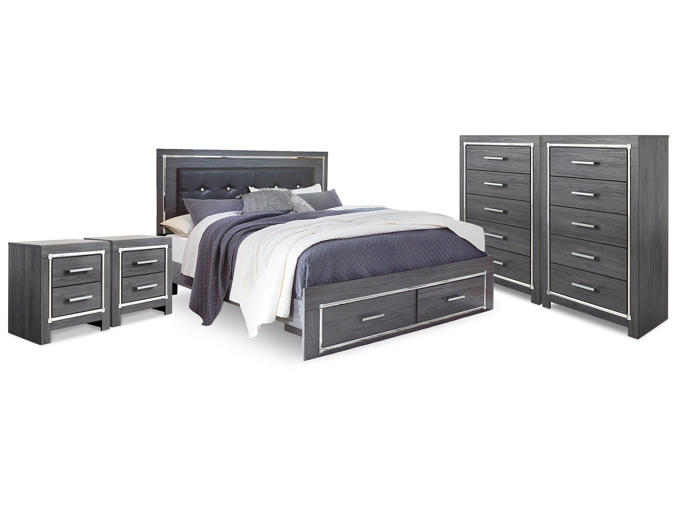 Lodanna Gray King Storage Bedroom Set with 2 Chests and 2 Nightstands