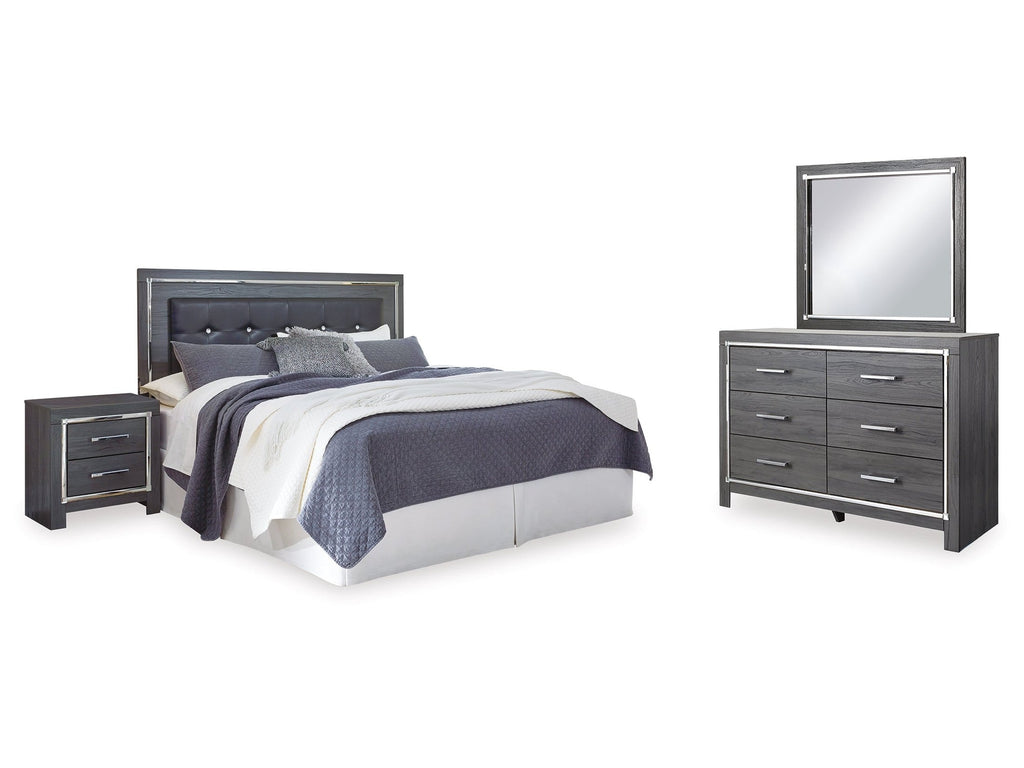 Lodanna King Upholstered Panel Headboard, Dresser, Mirror, and Nightstand, Gray
