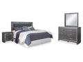 Lodanna King Upholstered Panel Headboard, Dresser, Mirror, and Nightstand, Gray