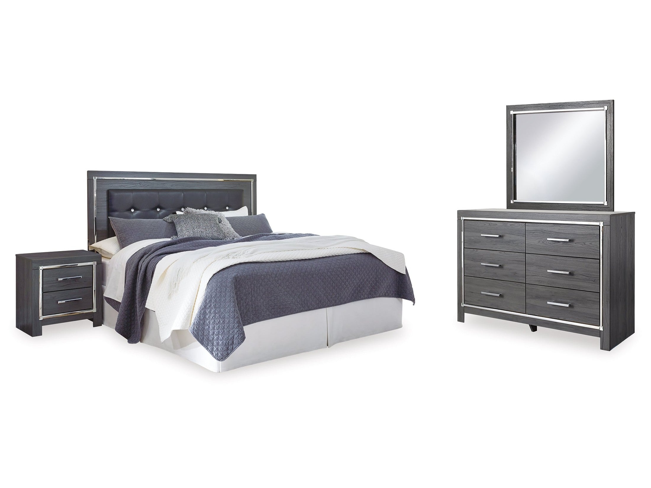 Lodanna King Upholstered Panel Headboard, Dresser, Mirror, and Nightstand, Gray