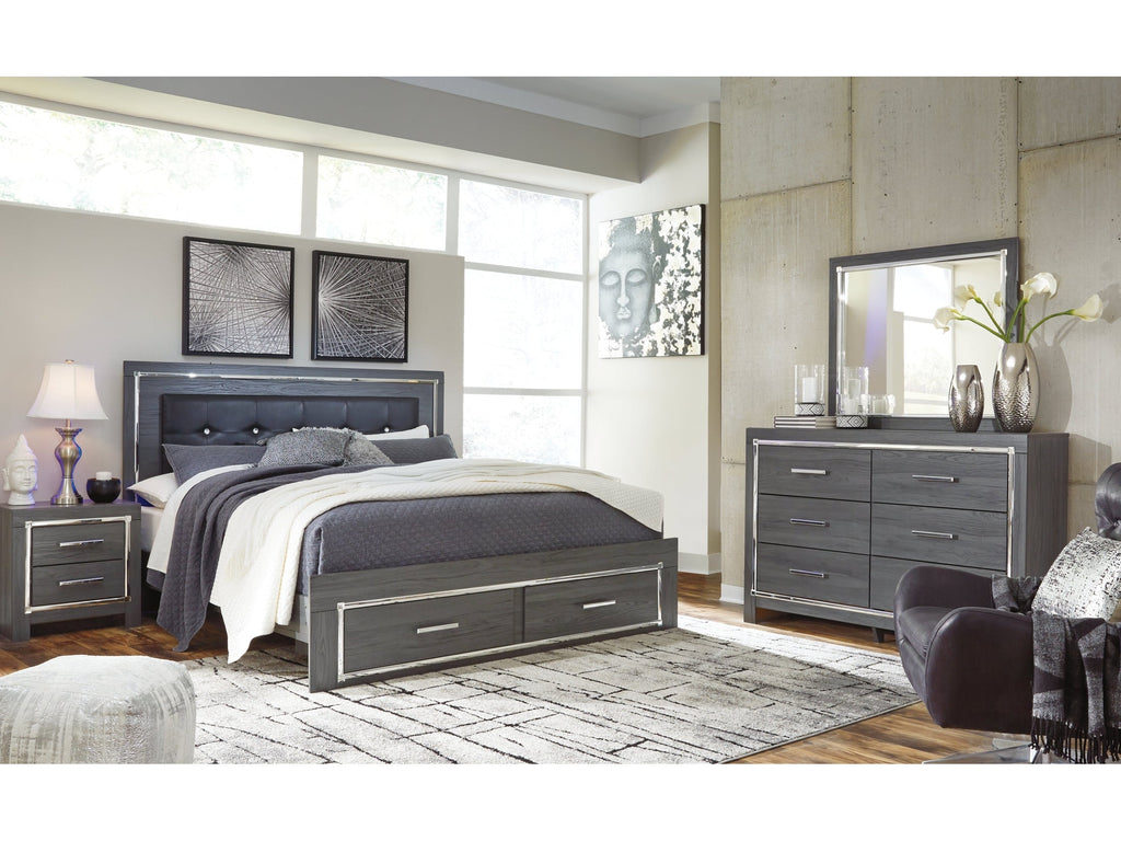 Lodanna King Upholstered Storage Bed, Dresser, Mirror, and Nightstand, Gray