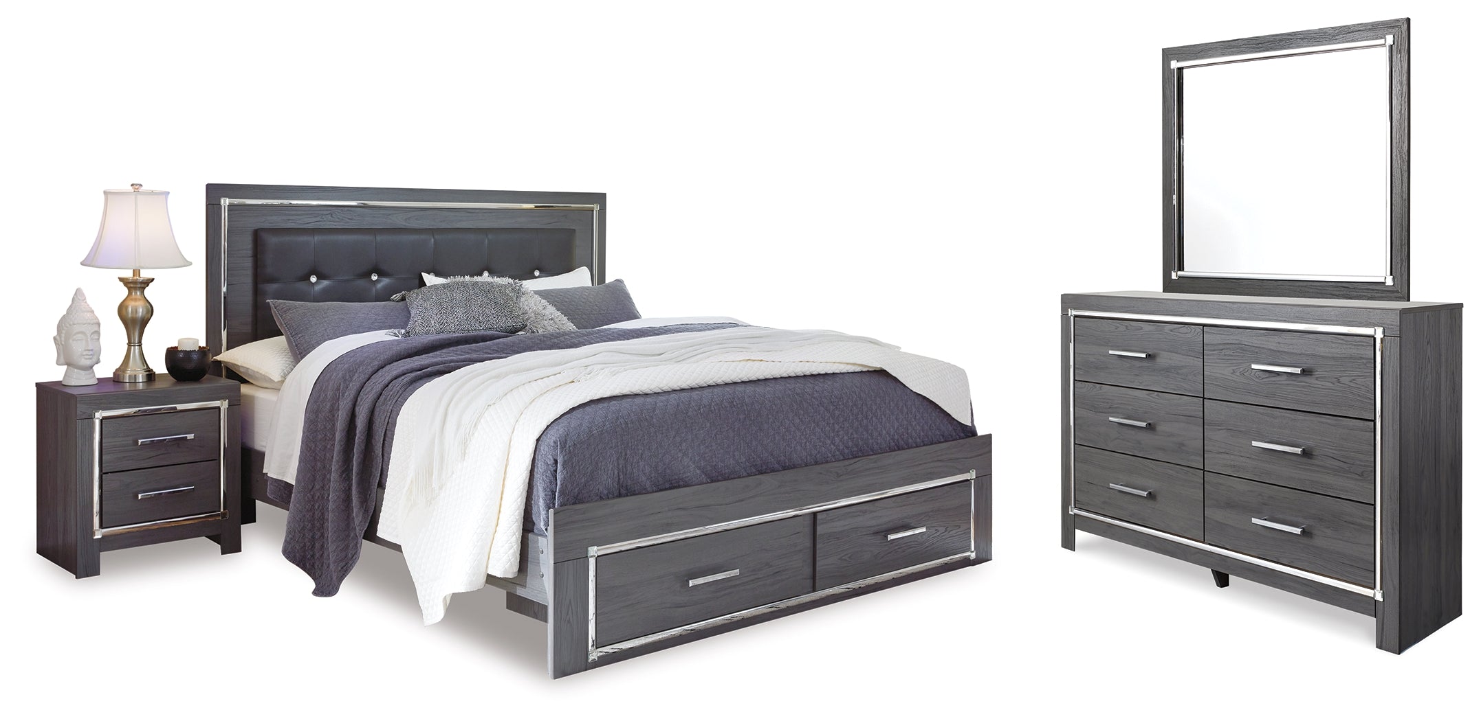 Lodanna King Upholstered Storage Bed, Dresser, Mirror, and Nightstand, Gray