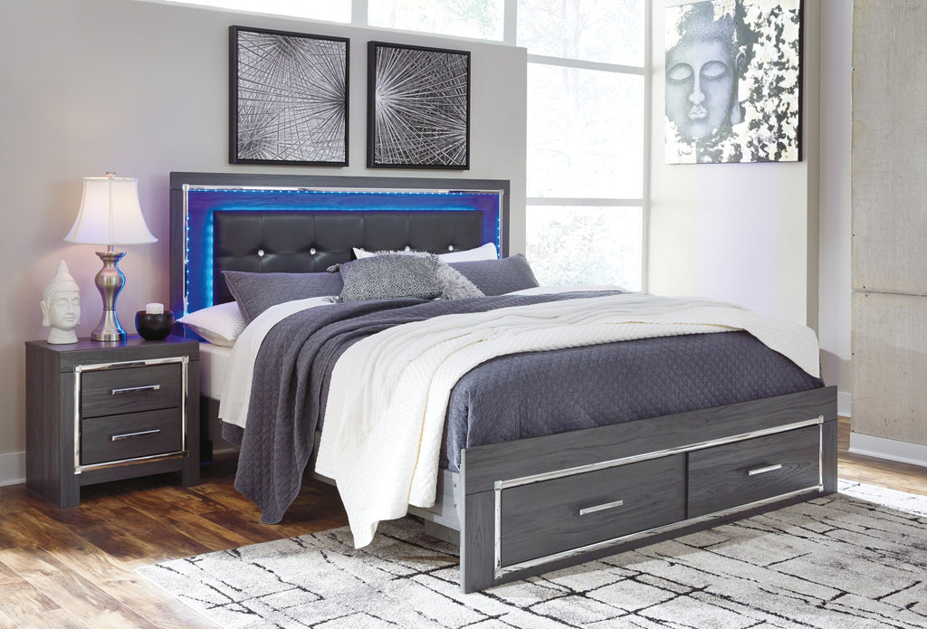 Lodanna King Upholstered Storage Bed, Dresser, Mirror, and Nightstand, Gray