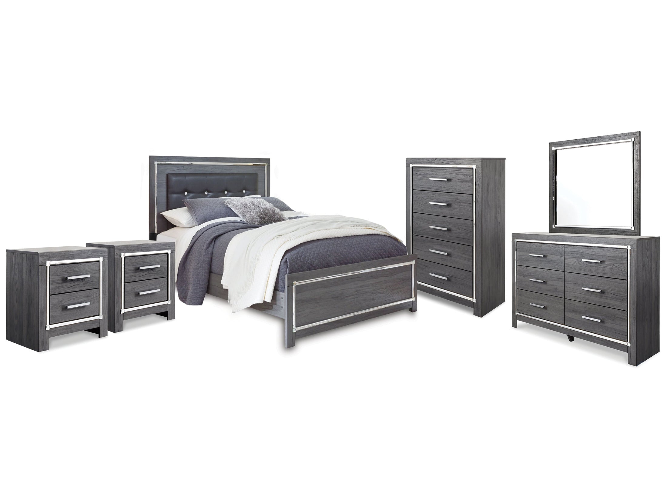 Lodanna Queen Panel Bed & Dresser & Mirror & Chest & 2 Nightstands, Gray