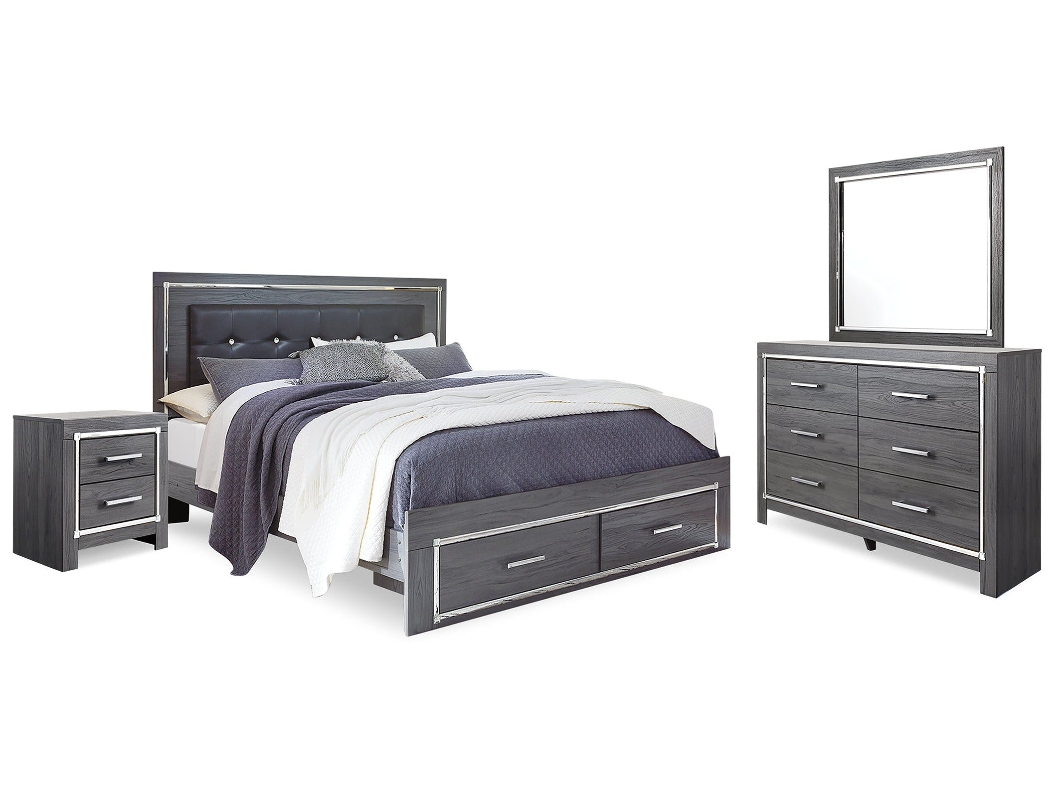 Lodanna Queen Upholstered Panel Bed, Dresser, Mirror and Nightstand, Gray