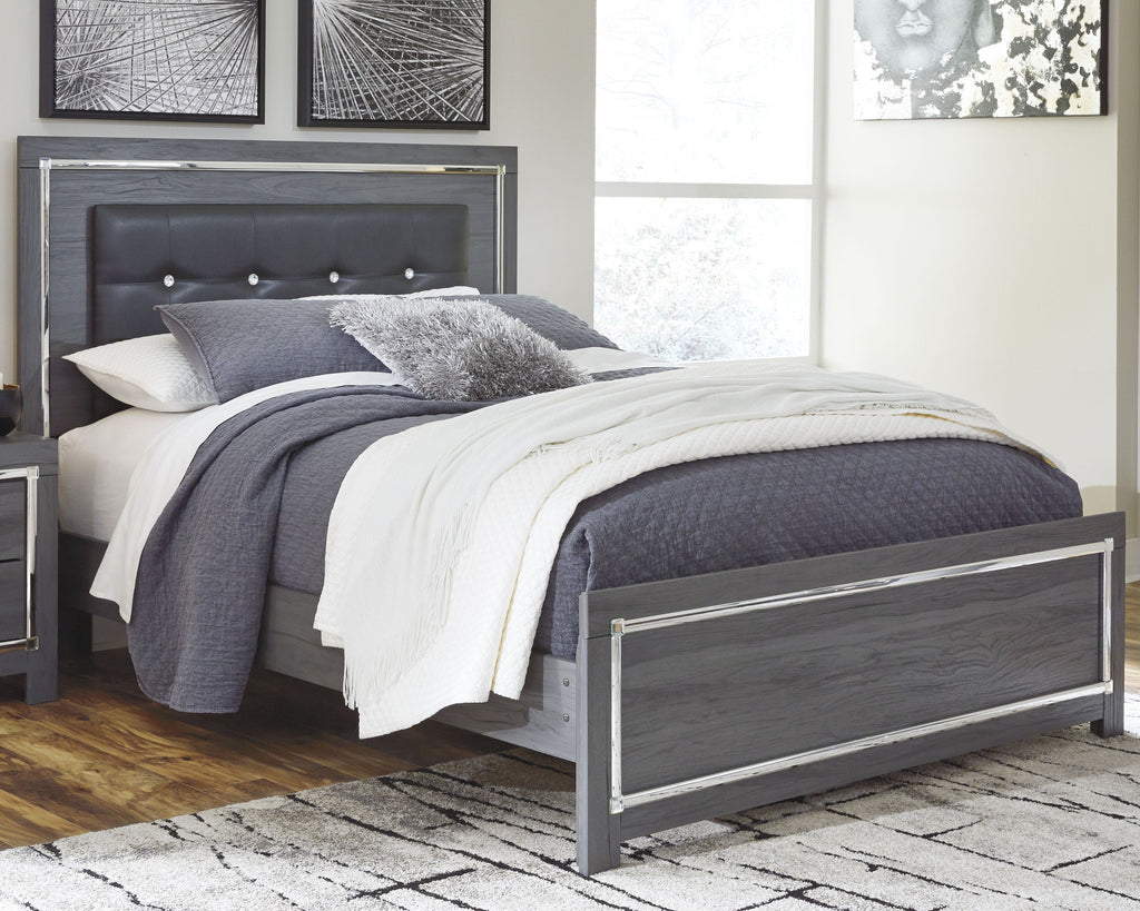 Lodanna Queen Upholstered Panel Bed, Dresser, Mirror and Nightstand, Gray
