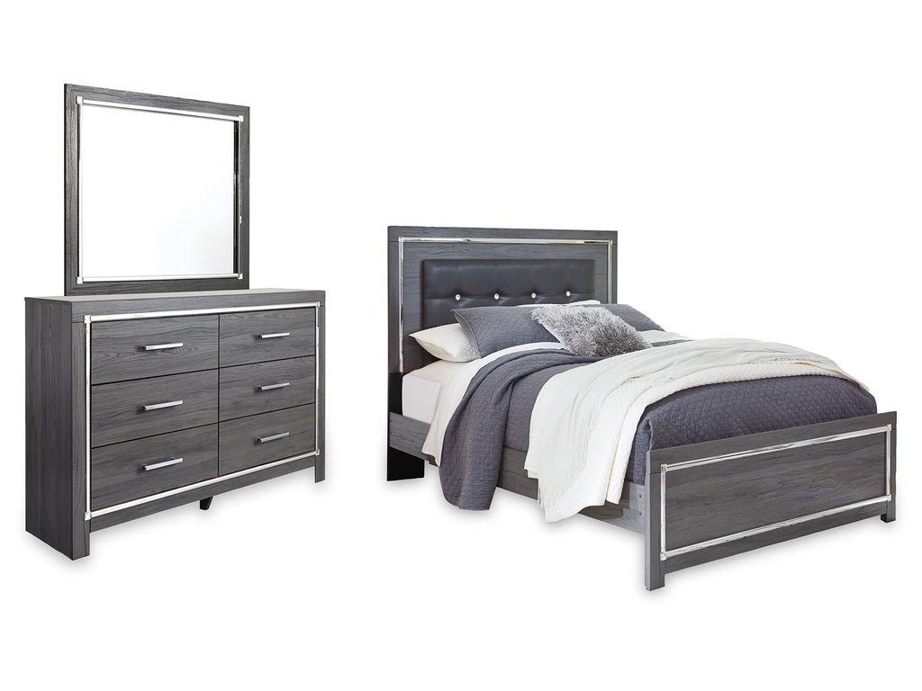 Lodanna Gray Queen Upholstered Panel Bed, Dresser and Mirror