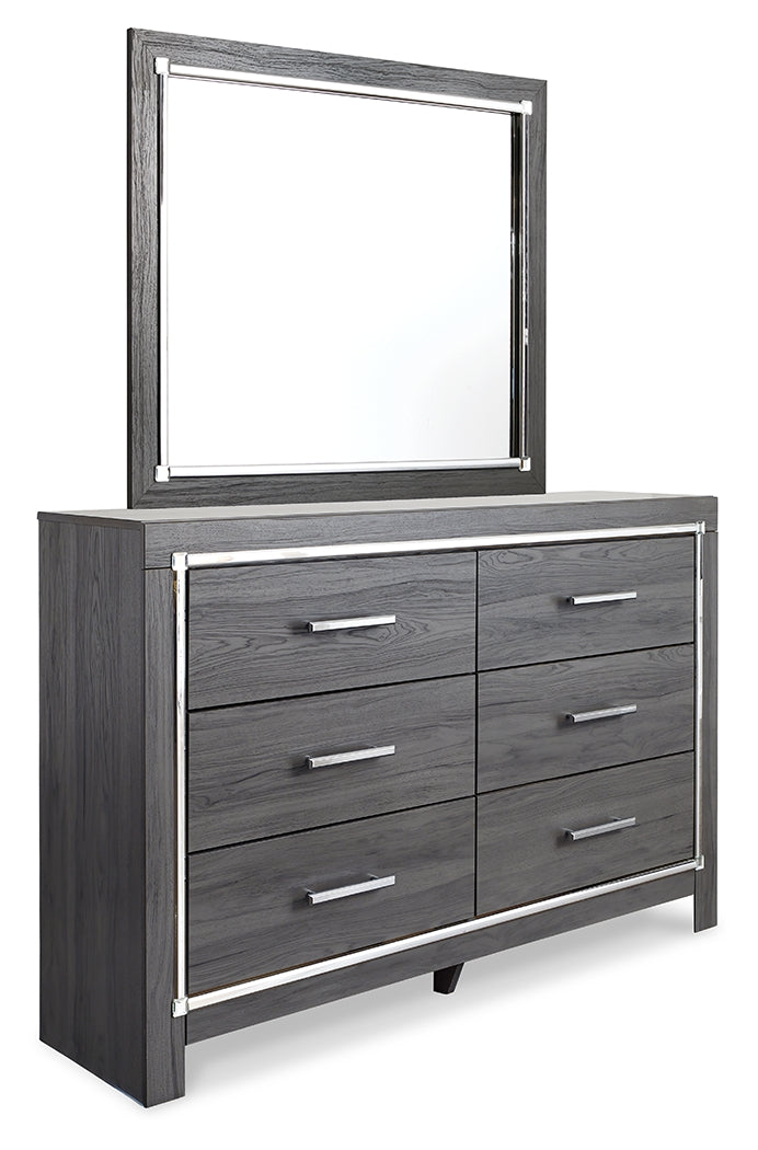 Lodanna Gray Queen Upholstered Panel Bed, Dresser and Mirror