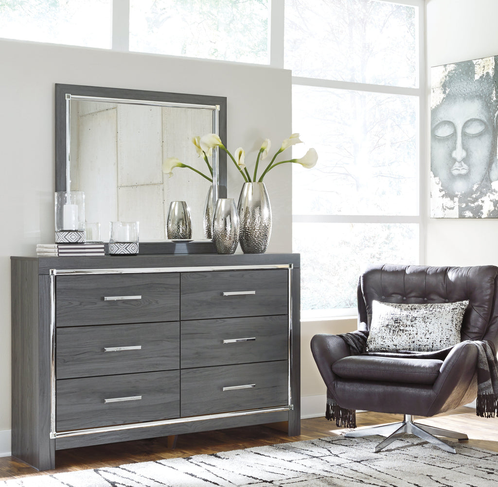 Lodanna Gray Queen Upholstered Panel Bed, Dresser and Mirror