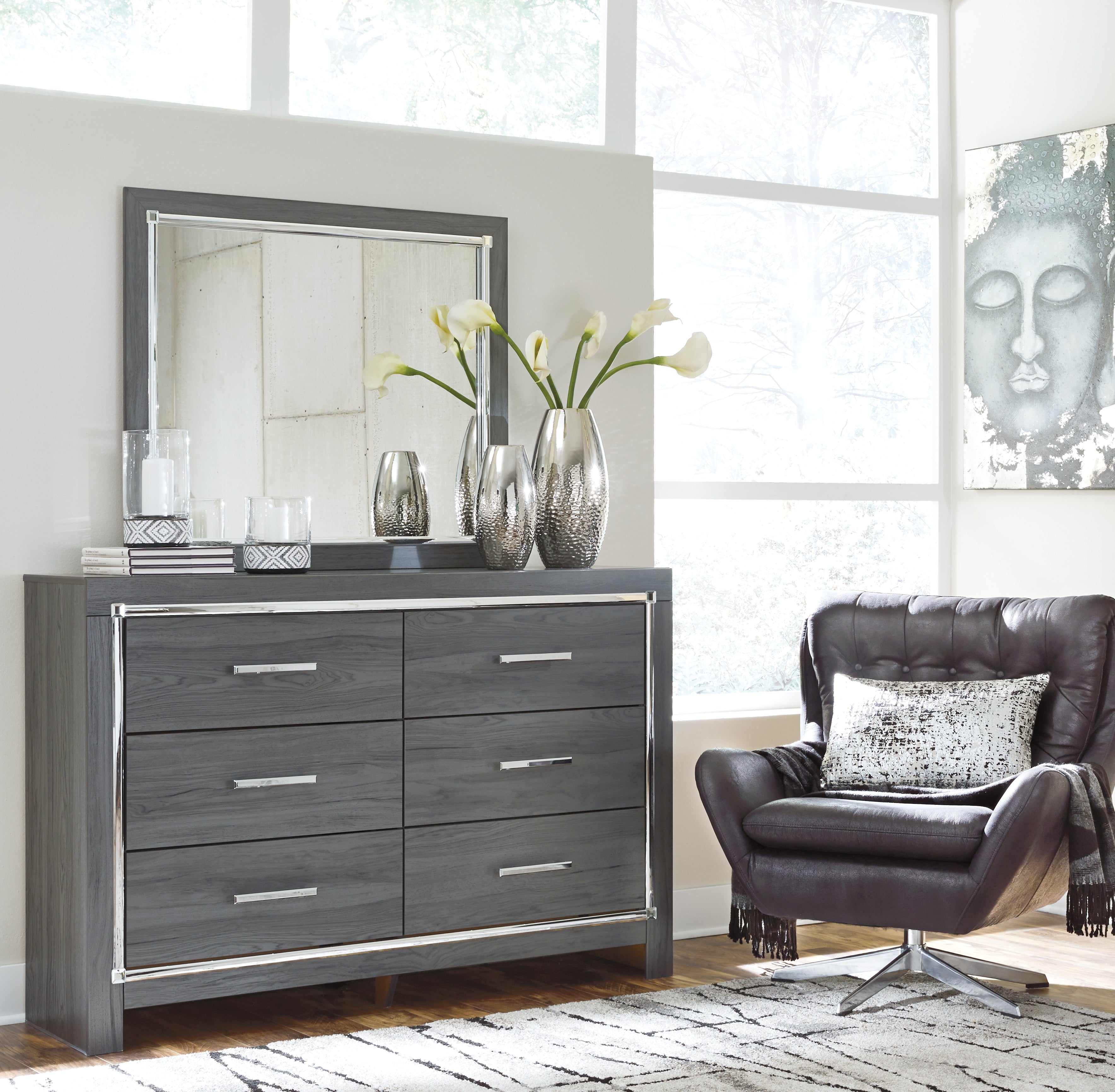 Lodanna Gray Queen Upholstered Panel Bed, Dresser and Mirror