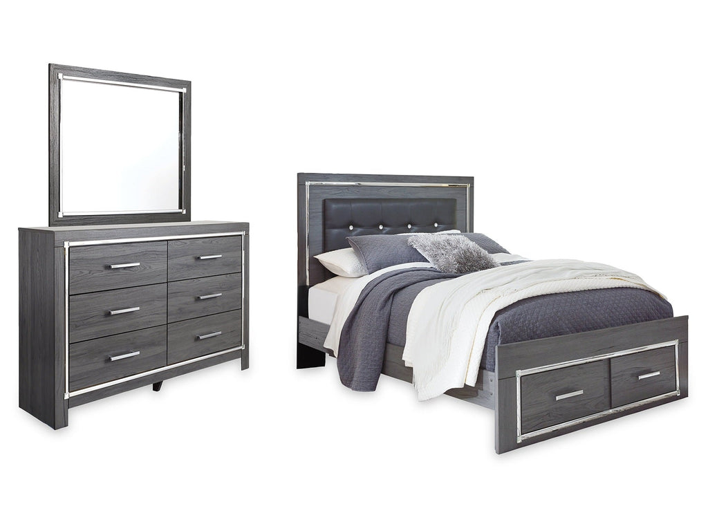 Lodanna Gray Queen Upholstered Panel Storage Bed, Dresser and Mirror