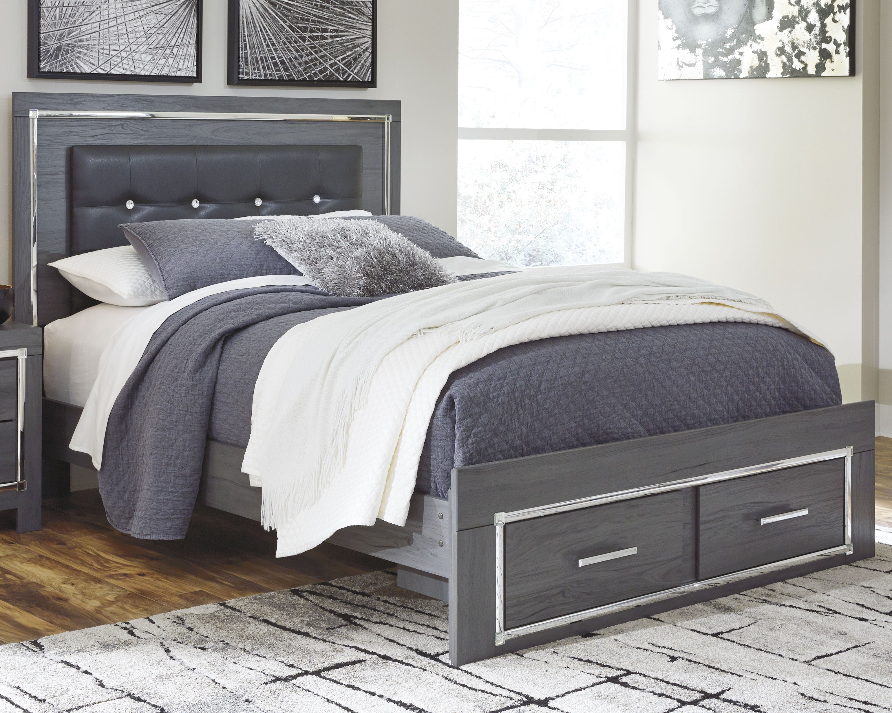 Lodanna Gray Queen Upholstered Panel Storage Bed, Dresser and Mirror