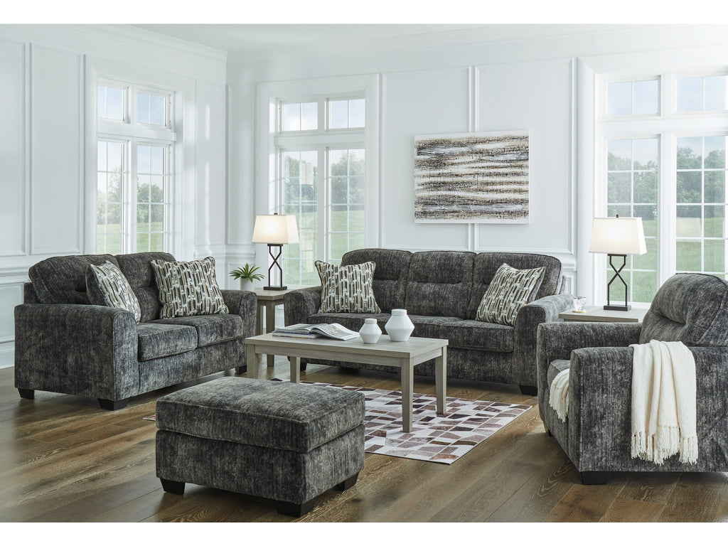 Lonoke Gunmetal Sofa, Loveseat, Chair and Ottoman