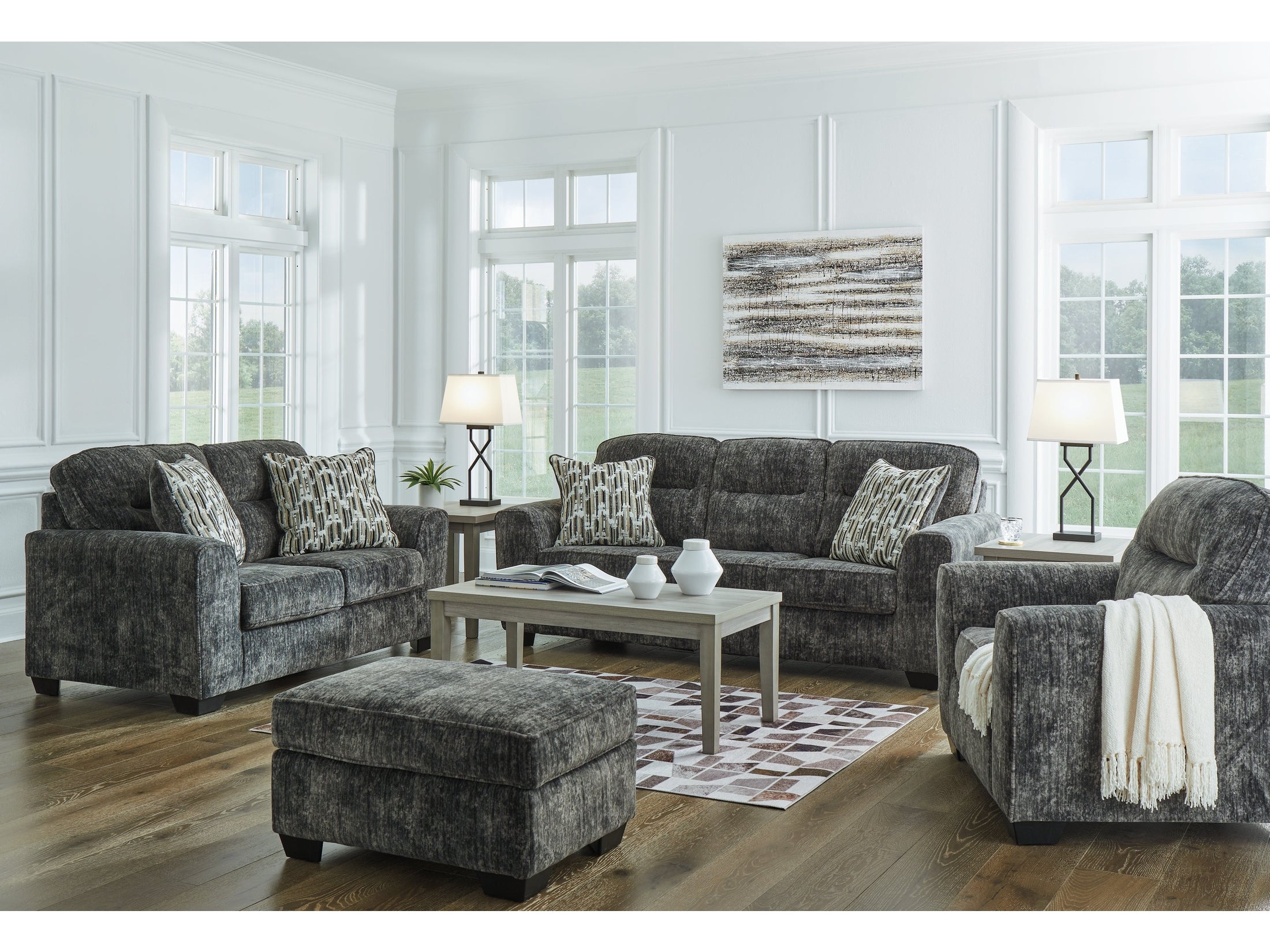 Lonoke Gunmetal Sofa, Loveseat, Chair and Ottoman
