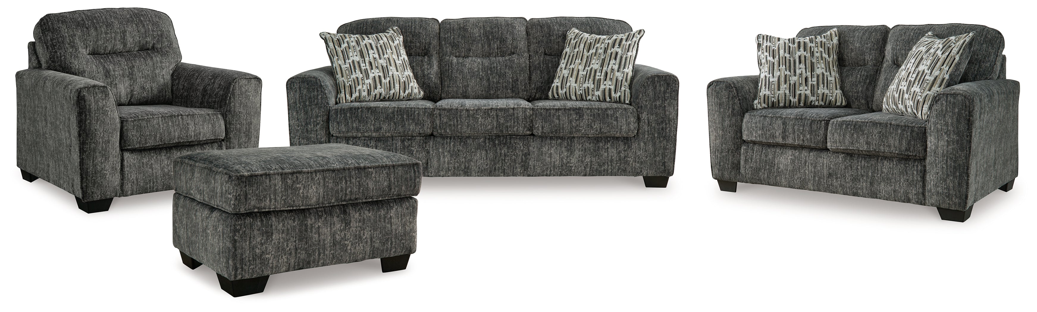 Lonoke Gunmetal Sofa, Loveseat, Chair and Ottoman