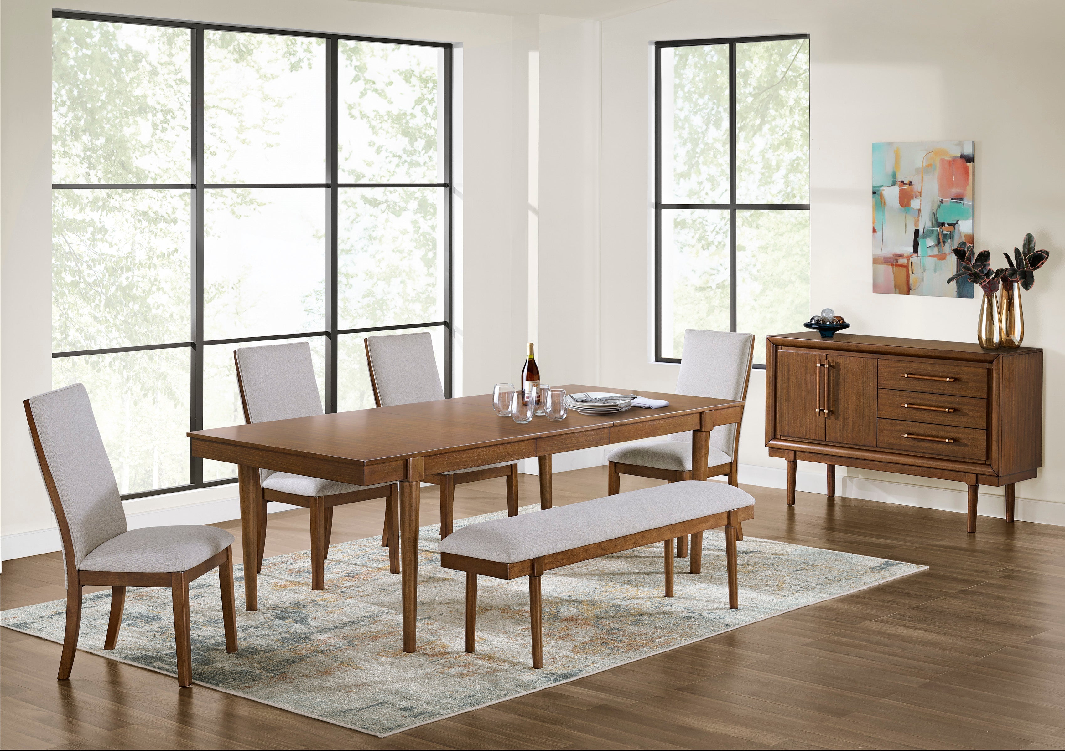 Lyncott Beige/Brown Extension Dining Table, 4 Chairs and Bench