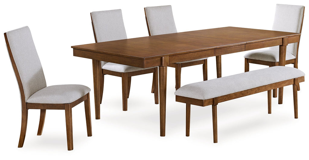 Lyncott Beige/Brown Extension Dining Table, 4 Chairs and Bench