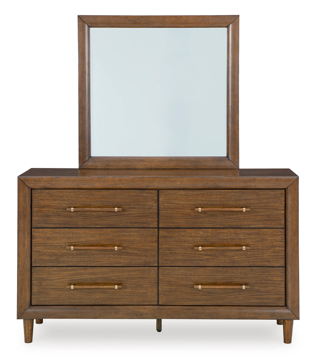 Lyncott Brown Queen Upholstered Bed with Mirrored Dresser and Chest