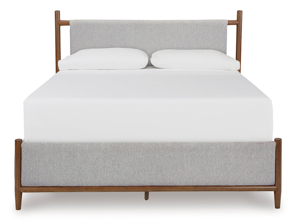 Lyncott Brown King Upholstered Bed with Mirrored Dresser and Chest