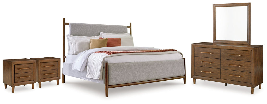 Lyncott Queen Upholstered Bed, Dresser, Mirror and 2 Nightstands, Brown