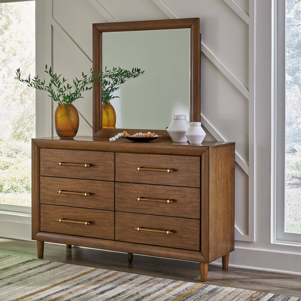 Lyncott Queen Upholstered Bed, Dresser, Mirror and 2 Nightstands, Brown