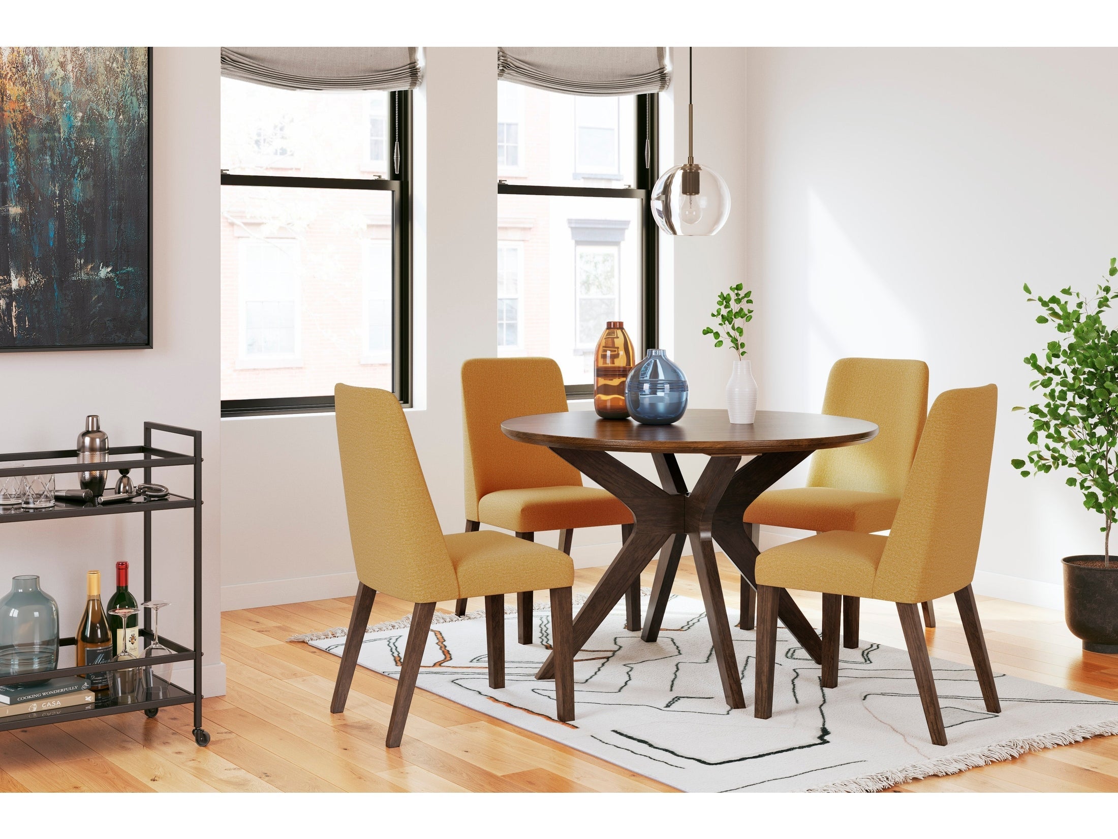 Lyncott Mustard & Brown Round Dining Room Set / 5pc